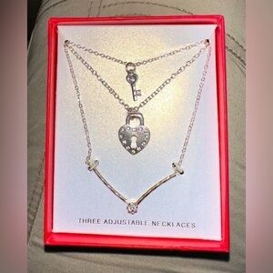 3 For $35 Silver Tone Heart Lock and Key 🔐 3pc Necklace Layering Set CZ Inlay